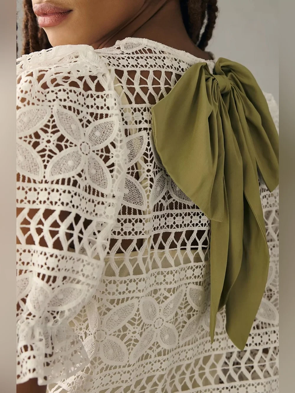 Anthropologie Dolan Lace Puff Sleeve Bow Back Blouse Medium NWOT White Green